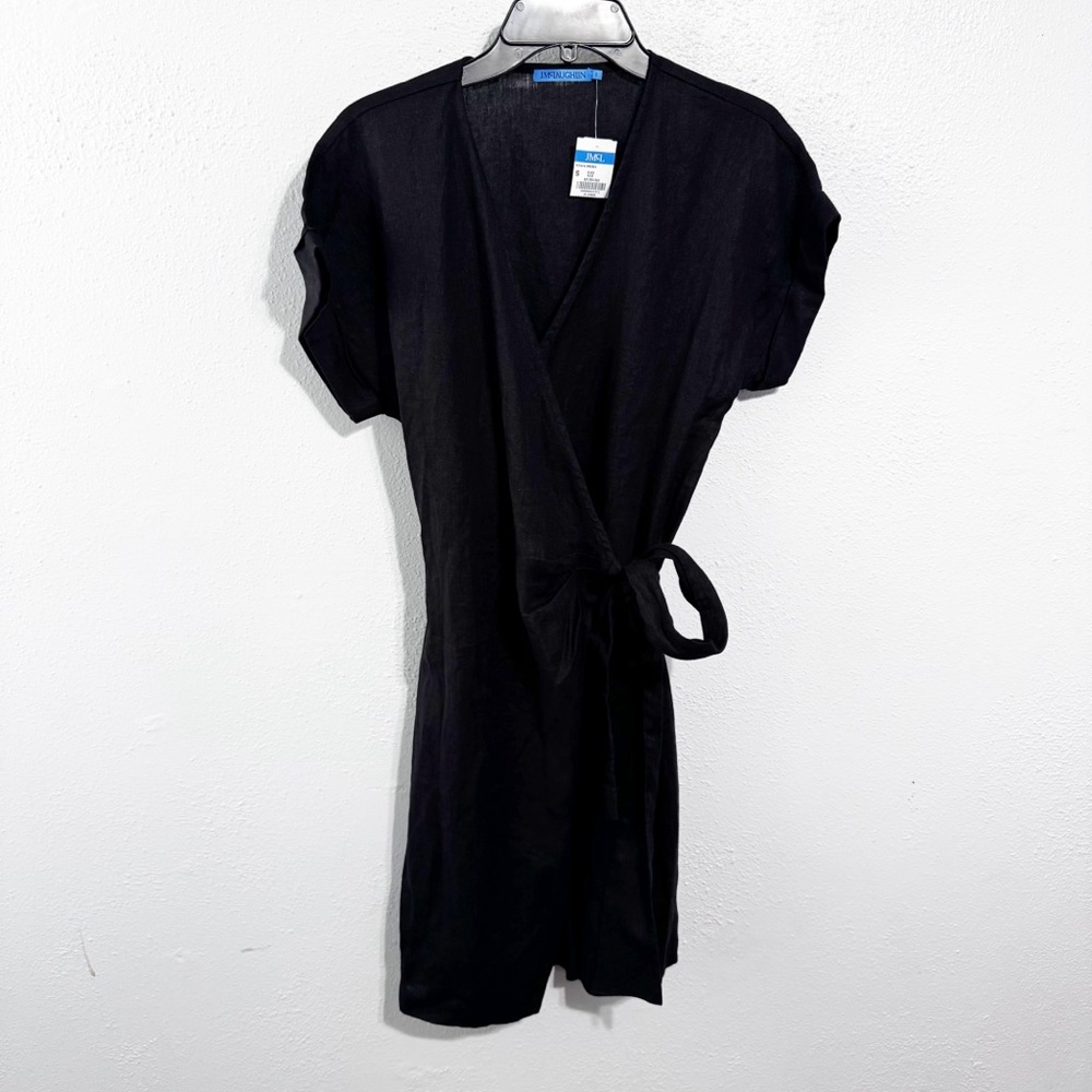NWT J. McLaughlin Black Puff Sleeve Wrap linen dress size small